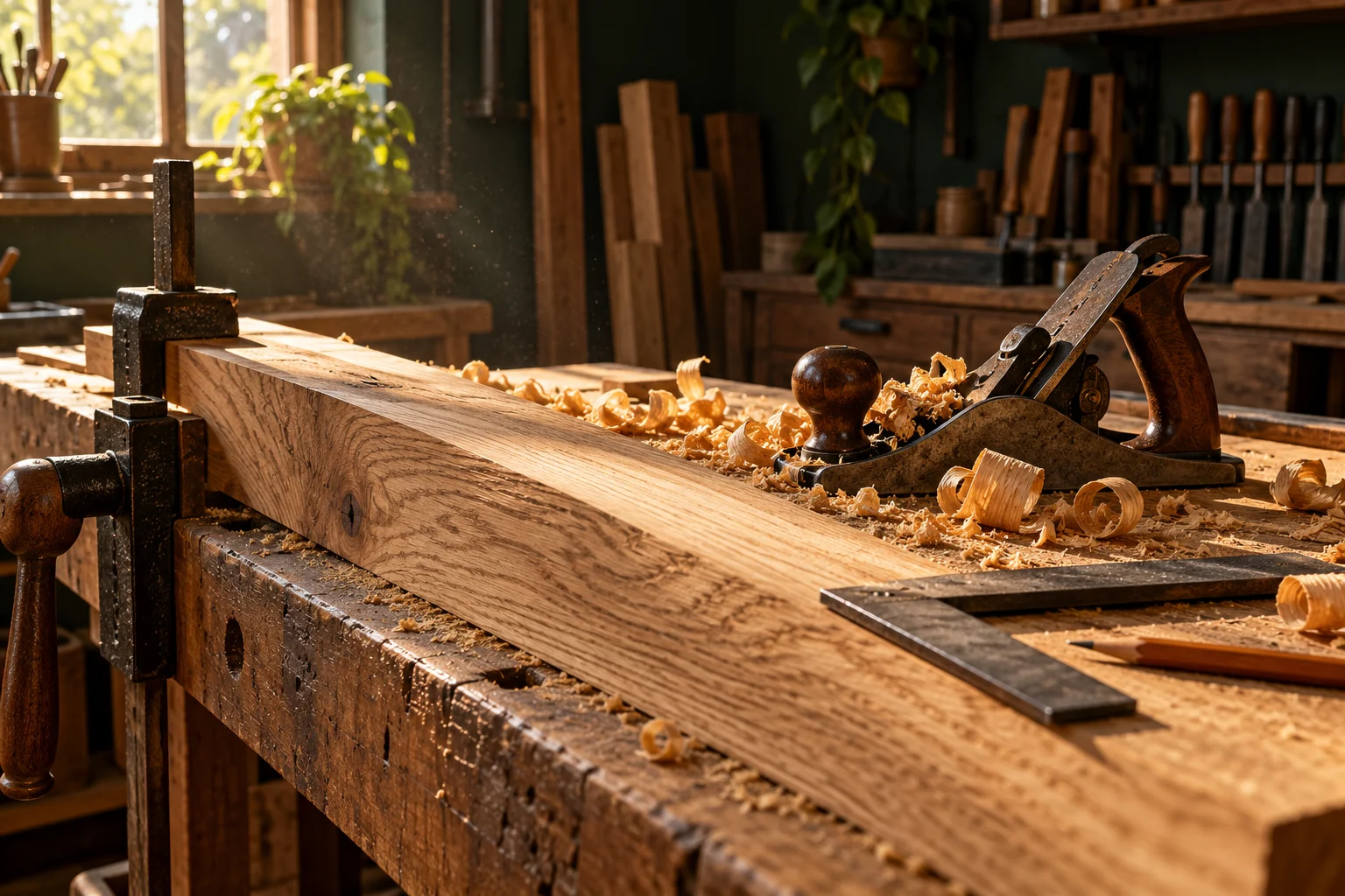 Hand plane, oak timber and wood shavings in warm workshop light